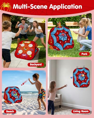 5-in-1 Bean Bag Toss Game for Kids Ages 3-8, Outdoor Cornhole Set with 3 Interchangeable Boards (Toss/Dart/Tic-Tac-Toe), Includes 8 Beanbags 6 Balls/Darts/Rings, Backyard Toys for Boys - style: Spider
