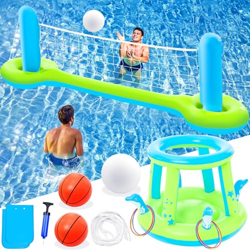 Jasonwell Pool Toys Games Set - 3 in 1 Pool Volleyball Net Basketball Hoop Ring Toss Game Inflatable Floats Water Floating Volleyball Swimming Pools Games Party Gift for Kids Adults (Green&Blue, XL)