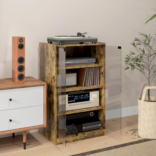 Rustic Brown 4-Shelf Media Stand - Steel-Reinforced MDF, Press-Lock Glass Doors, Adjustable AV Rack for Gaming/TV Gear