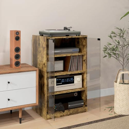 Rustic Brown 4-Shelf Media Stand - Steel-Reinforced MDF, Press-Lock Glass Doors, Adjustable AV Rack for Gaming/TV Gear