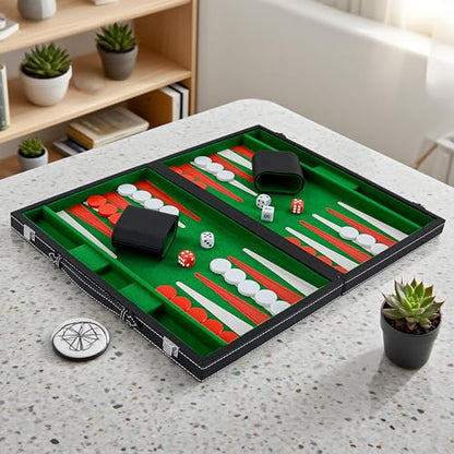 Backgammon Sets for Adults, 15" Backgammon Set Leather Large, Travel Backgammon Board Games - Classic Board Game (Green Inner Lining) - color: Green