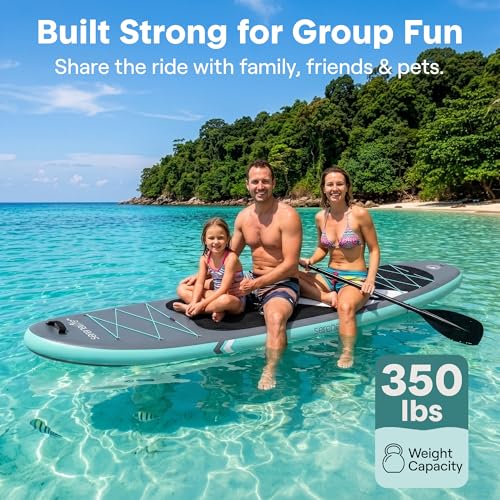 SereneLife 10’6” Inflatable Stand Up Paddle Board with Premium SUP Accessories - 32” Wide Stable Design with Non-Slip EVA Deck Pad, for Youth and Adults, 350 lbs. Capacity - color: White