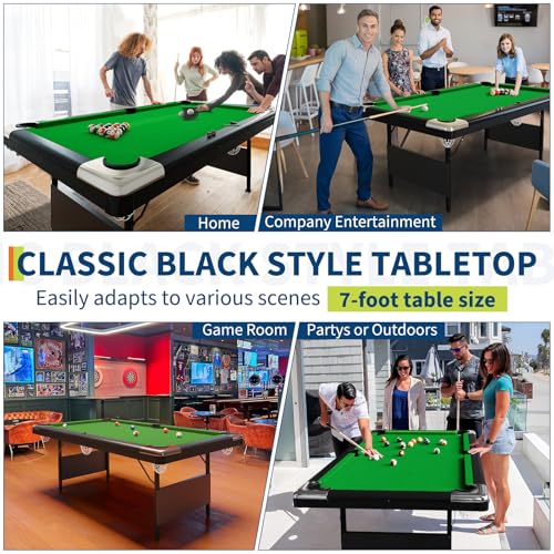 7FT Space-Saving Folding Pool Table for Adults & Kids Green Felt, Complete Accessory Set, Easy to Store – Portable Billiards Table for Game Rooms and Arcades
