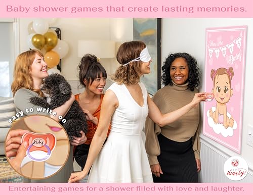 Party Hearty Pin the Pacifier on the Baby, Baby Shower Game - Pink Girl | 1 Large Poster, 56 Colorful Binky Stickers, 1 Blindfold & Double-Sided Tape - color: Girl Pink - Pin the Binky