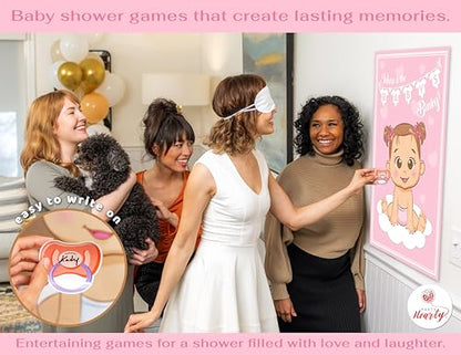 Party Hearty Pin the Pacifier on the Baby, Baby Shower Game - Pink Girl | 1 Large Poster, 56 Colorful Binky Stickers, 1 Blindfold & Double-Sided Tape - color: Girl Pink - Pin the Binky