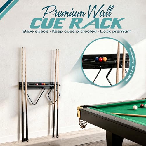 Pool Stick Holder Wall Mount - 4 Pool Cue Rack with Accessories Shelf and 4 Drink Holders - Bamboo Billiard Cue Rack for Game Room or Bar - Black - 5.1 x 23.2 x 4.3 Inches