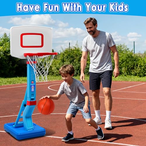 Toddler Basketball Hoop Indoor Outdoor - Height Adjustable 27.6-54 Inches (5 Slots), Kids Basketball Hoop with 4 Inflatable Balls & Pump, Safe Toddler Toys for 1-6 Year Old Boys Girls - color: blue