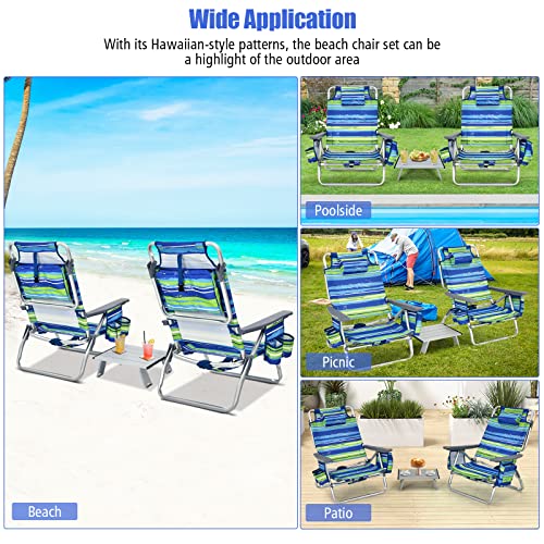 Tangkula Backpack Beach Chair with Table, 5-Position Lay Flat Beach Chairs with Cooler Bag, 2 Cup Holders, Towel Bar, Lightweight Low Folding Beach Chair with Backpack Straps - color: Blue, style: 2 Pack with Table