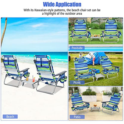 Tangkula Backpack Beach Chair with Table, 5-Position Lay Flat Beach Chairs with Cooler Bag, 2 Cup Holders, Towel Bar, Lightweight Low Folding Beach Chair with Backpack Straps - color: Blue, style: 2 Pack with Table