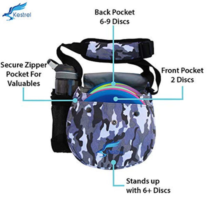 Kestrel Black Disc Golf Bag - Fits 6-10 Golf Discs + Bottle - For Beginner & Advanced Golfers - Extremely Durable Canvas - Frisbee Golf Bag - Small Sling/Shoulder Disc Golf Bag For Men & Women - color: Gray Camo