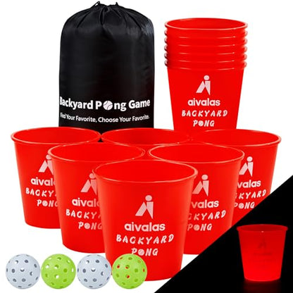 Aivalas Yard Pong Outdoor Games Glow Set in Dark, Giant Yard Pong Game for Adults and Family with 12 Buckets, 4 Balls and a Carrying Bag, Giant Pong for Beach, Camping, Lawn and Backyard - color: Red Glow in Dark