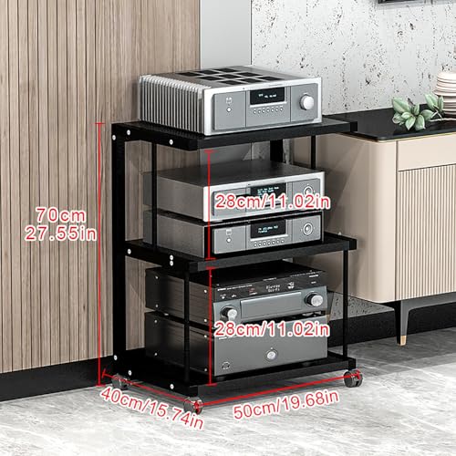 Black Rolling Display Cabinet, Media Stand & Audio Rack for Game Consoles, AV Corner Shelf & Stereo Tower, Storage Shelves for TV Accessories - 50.2x40x70 cm