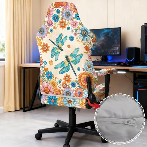 Suobstales Boho Mandala Dragonfly Pattern Gaming Chair Cover, Stretchable Computer Office Chair Cover for Armchair, Swivel Chairs, Computer Boss Chair, Removable Chair Slipcovers with Armrest Cover - color: Boho Mandala Dragonfly