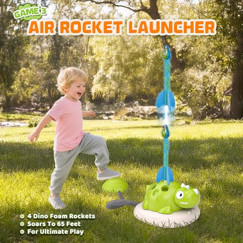Aliex 3 in 1 Dinosaur Rocket Launcher for Kids, Musical Jump & Ring Toss Toys with Remote Control, Outdoor Outside Indoor Active Games Toys for Boys Girls, Birthday Gifts for 3 4 5 6 7 8 Year Old