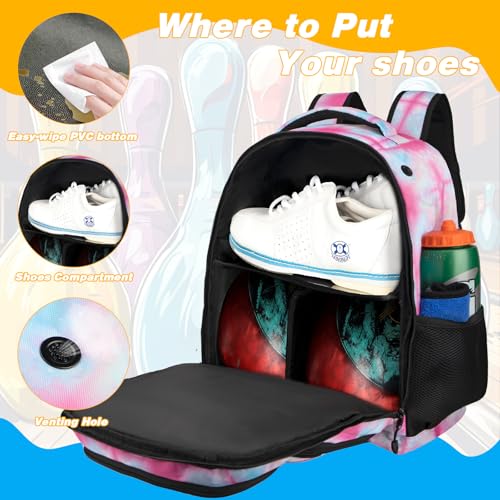 Goloni 2 Ball Bowling Backpack,Bowling Ball Bag with Shoe Compartment & Portective Foam Padded, Fits Shoes Up to US Size 16 - color: Dyeing