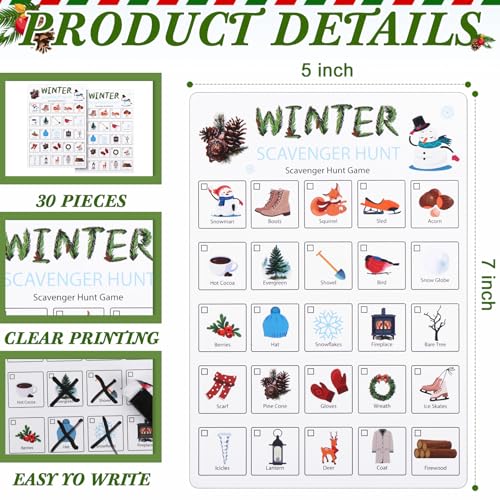 Hoolerry 30 Pcs Scavenger Hunt for Kids Road Trip Game Car Spring Summer Wedding Scavenger Hunt Cards Travel Activities Camping Games Outdoor Indoor Seek Activity for Kids Adults (Winter) - style: Winter
