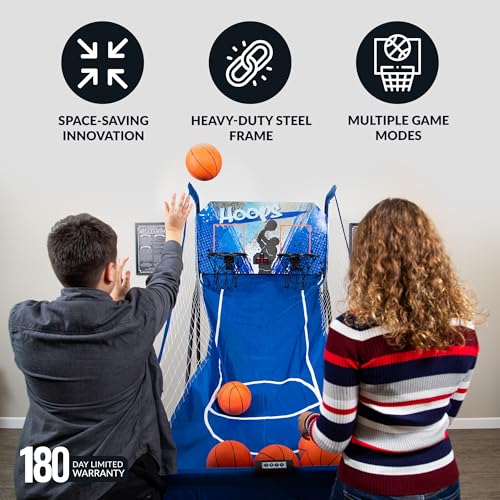 Hathaway Hoops Dual Basketball Arcade Game with Electronic Digital Scoring and Timer, Easy Folding for Storage, 7 Balls and 2 Nets Blue