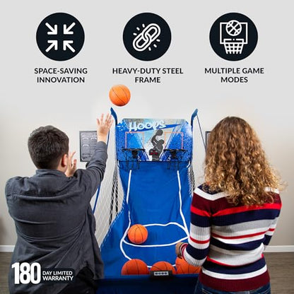 Hathaway Hoops Dual Basketball Arcade Game with Electronic Digital Scoring and Timer, Easy Folding for Storage, 7 Balls and 2 Nets Blue