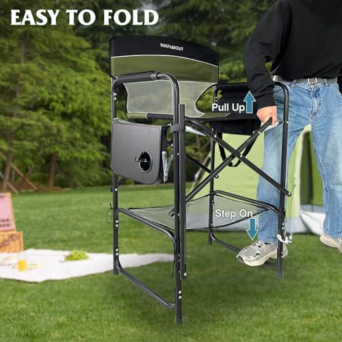 Tall Folding Director Chair 30.7" Seat Height Foldable Bar Stool for Makeup Artist Face Painting with Side Table Carry Bag and Cosmetic Bag Supports 250LBS - color: Olive