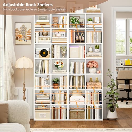 FOTOSOK 71'' Tall Bookshelf with 14 Cubes, 7 Tier Double Wide White Bookshelf with 6 Adjustable Shelves, 19.6" Narrow Bookcase DVD/CD Media Storage, Space Saving Display Shelf Cabinet, White - color: White