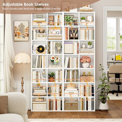 FOTOSOK 71'' Tall Bookshelf with 14 Cubes, 7 Tier Double Wide White Bookshelf with 6 Adjustable Shelves, 19.6" Narrow Bookcase DVD/CD Media Storage, Space Saving Display Shelf Cabinet, White - color: White