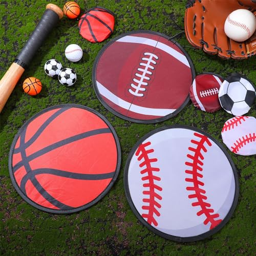 Arrowbash 24 Pcs Foldable Flying Disc Fans 9.84'' Handheld Folding Fan Bulk with Bag Folding Pocket Toy with Football Basketball Baseball and Rugby Design for Sports Party Supplies Outdoor Activity