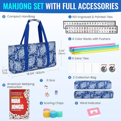 American Mahjong Set, 166 White Tiles with 4 Colors Acrylic Racks, Pushers, Flower Carrying Bag, Portable Travel Set - style: Flower Bag