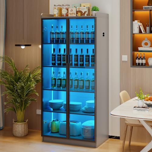 Lvifur 65" Display Cabinet with Lights, 5 Tier Curio Cabinets Bookcase with Adjustable Shelves, Tall Storage China-Cabinet with Human Body Induction for Living Room, Gift for Father (Grey) - color: Grey