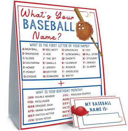 What's Your Baseball Name Game,1 Game Sign and 30 Name Stickers,Baseball Team Party Games， Birthday Game for Kids and Adult Parties,Baseball Activity Decoration Supplies - style: Baseball