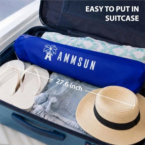 AMMSUN 6.5ft twice folded Portable beach umbrella with sand anchor windproof, Push Button Tilt and Air vent UPF 50+ Protection Fits in a large Suitcase for Patio Garden Beach Pool Backyard Blue - color: 6.5ft Blue