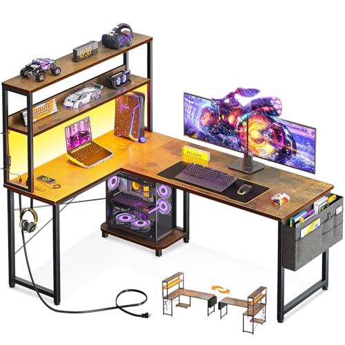 ODK 53 Inch L Shaped Desk with LED Lighting, Reversible Gaming Desk with Power Outlets, Cornor Computer Table with Storage Shelves & Bag & Iron Hook, Home Office Table for Writing, Study, Vintage - color: Vintage, size: 53 Inch