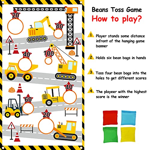 Construction Truck Toss Game Banner with 4 Bean Bags ，Indoor Outdoor Excavator Throwing Theme Party Game Banner with 7 Score Holes for Adults Birthday Party Decorations （Yellow）