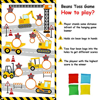 Construction Truck Toss Game Banner with 4 Bean Bags ，Indoor Outdoor Excavator Throwing Theme Party Game Banner with 7 Score Holes for Adults Birthday Party Decorations （Yellow）