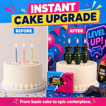 3D Grenade Birthday Candles Set of 3 with Gift Box – Gaming Cake Topper for Battle, Level Up, Army & Video Game Themed Birthday Party Decorations for Boys, Teens & Gamers