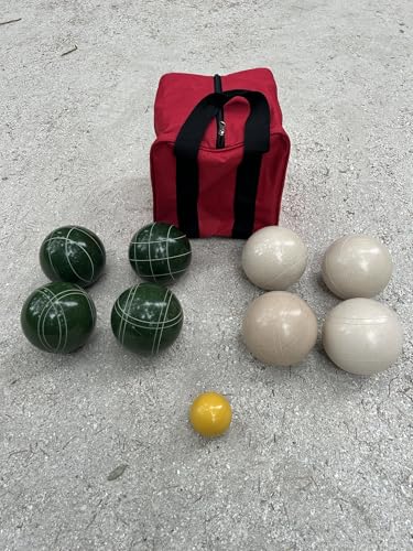 BuyBocceBalls Listing - Made in USA, Premium Quality Official Tournament Bocce Set - 110mm Dark Green and White Balls Nylon Bag; Regulation Size Balls 998 Grams (2 lbs. 3 oz.)
