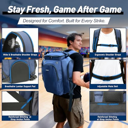 2-Ball Bowling Backpack with Shoe Storage – Heavy Duty Padded Travel Bag - color: Navy