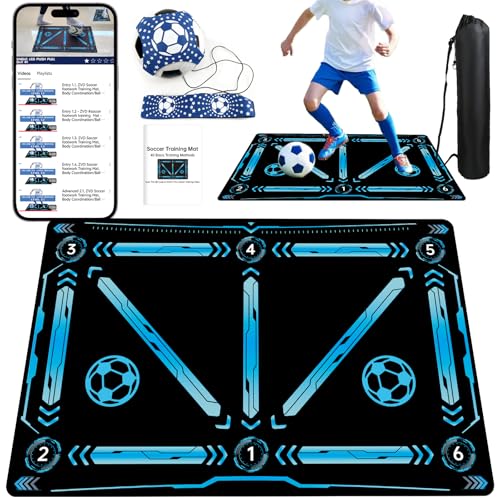 Soccer Training Mat with QR Code Video Tutorials,Non-Slip High-Density Footwork Practice Mat for Athletes & Players,Professional Ball Control & Dribbling Equipment for Home & Gym,Durable Soccer Gift. - color: 35.4*23.6 blue