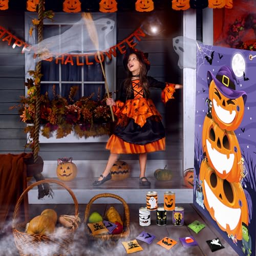 17 Pcs Fall Halloween Carnival Can Bean Bag Toss Games for Kids Thanksgiving Autumn Party Throwing Game Set with Background for Adults Indoor Outdoor Party Toy Accessory - style: Halloween
