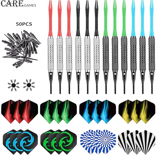 Soft Darts Set 12Packs with 4 Colors Plastic Shafts,Extra Flights,Points and Flight Protectors