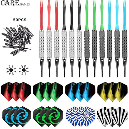 Soft Darts Set 12Packs with 4 Colors Plastic Shafts,Extra Flights,Points and Flight Protectors