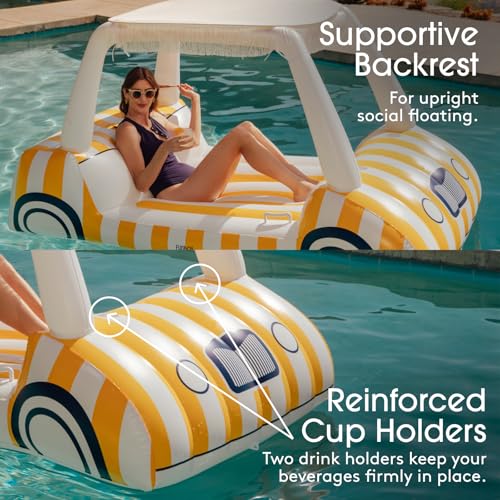 FUNBOY Giant Inflatable Luxury Golf Cart Pool Float, Two Cup Holders, Removable Fringe Shade, Float for Summer Pool Party and Entertainment - color: Yellow, White