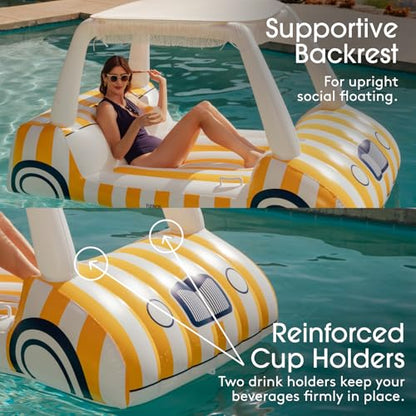 FUNBOY Giant Inflatable Luxury Golf Cart Pool Float, Two Cup Holders, Removable Fringe Shade, Float for Summer Pool Party and Entertainment - color: Yellow, White