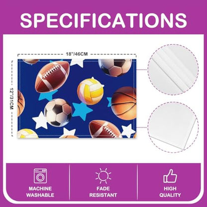 Erosebridal Ball Games Placemats Set of 4 12x18 Stars Sports Place Mat for Boys Men Soccer Baseball Basketball Volleyball Blue Heat Resisting Table Mats - color: Blue