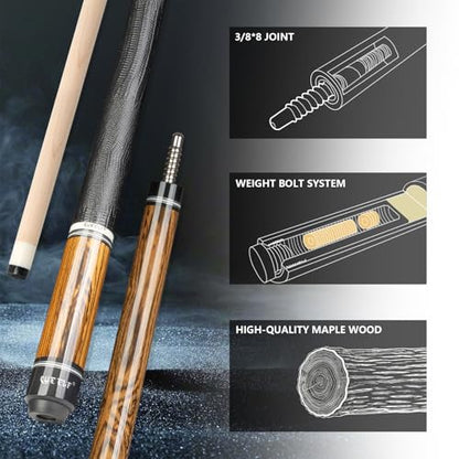 CUEELF Pool Cue Stick Low Deflection Hand-Made Inlay Billiard Cue 58'' Professional Billiard Pool Cue Stick for Adults-12.5mm Tip,3/8 * 8 Joint - color: WD-YH-SM-HJT