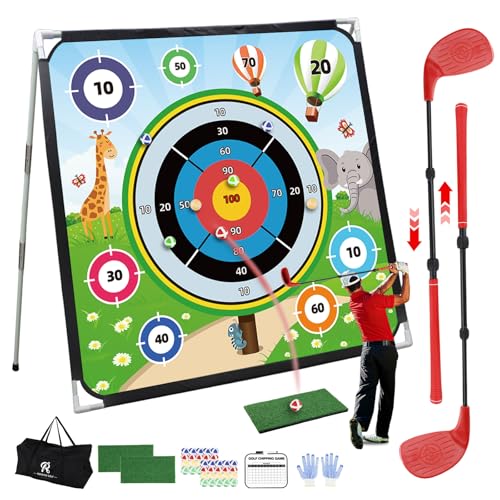 Roykaw Battle Golf Chipping Game with Turf Mat,Golf Clubs,Scoreboard,Golf Course/Cartoon Game Set for Fun Chipping Practice, 70.8 x 70.8 Inches,Reinforced Adjustable Stand, Easy to Carry & Storage - style: Cartoon