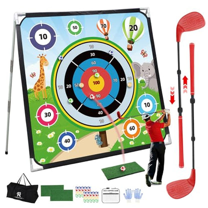 Roykaw Battle Golf Chipping Game with Turf Mat,Golf Clubs,Scoreboard,Golf Course/Cartoon Game Set for Fun Chipping Practice, 70.8 x 70.8 Inches,Reinforced Adjustable Stand, Easy to Carry & Storage - style: Cartoon