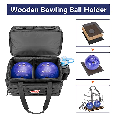 DSLEAF Bowling Bag for 2 Balls with Wooden Ball Holder, Bowling Ball Tote with Padded Divider for A Pair of Bowling Shoes Up to Mens 16 and Extra Essentials (Patent Design), Bag Only