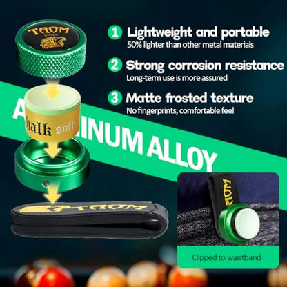 TAOM Upgrade Pool Chalk Holder Round Shaped Practical Tool Billiards Accessories Magnetic Mini Chalk Tip Case Container Round Box Billiards,Cue Tip Tool Scuffer Shaper - color: 1-Gift Set-Green with Pyro Green