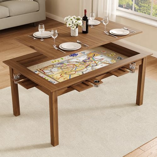 Board Game Table with Removable Top, 63" Dining/Gaming Table for 4-6 Players with 53in x 31.5in Play Area, Includes 6 Cup Holders & Trays, Rustic Brown (Game Mat Not Included) - color: Rustic Brown