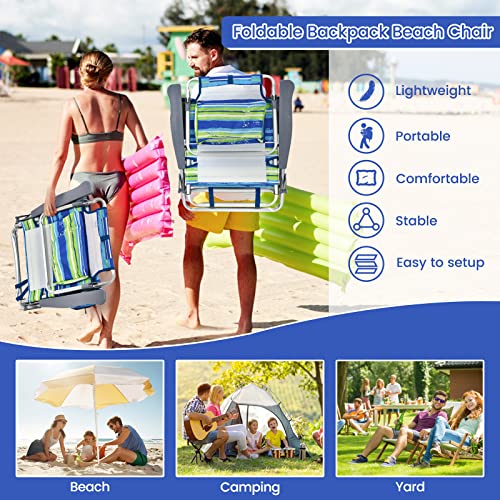 Tangkula Set of 4 Backpack Beach Chair, 5-Position Lay Flat Beach Chairs with Cooler Bag, 2 Cup Holders, Towel Bar, Lightweight Folding Beach Chair with Backpack Straps - color: Blue, style: 4 Pack